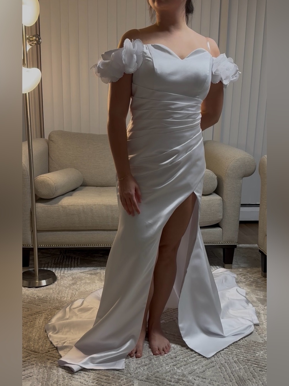 Romantic White Satin Off-Shoulder Floral Shoulder Wedding Gown with High Slit